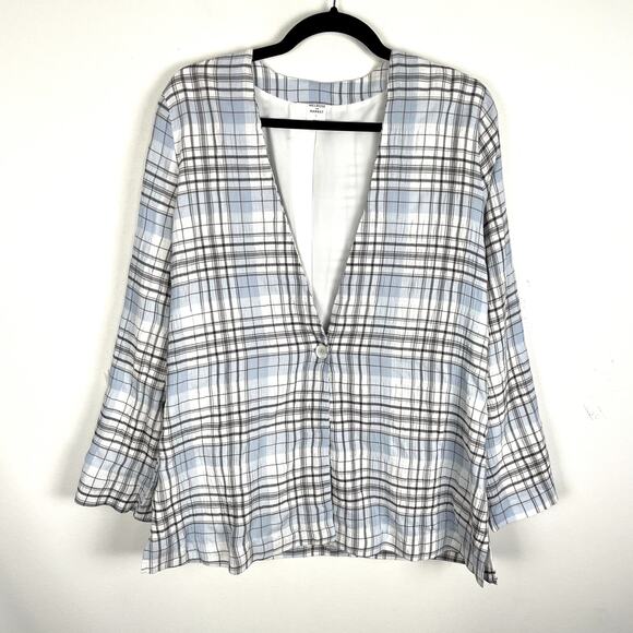Melrose and Market Plaid Seersucker Oversized Blazer Womens M Blue White Jacket - Picture 15 of 16